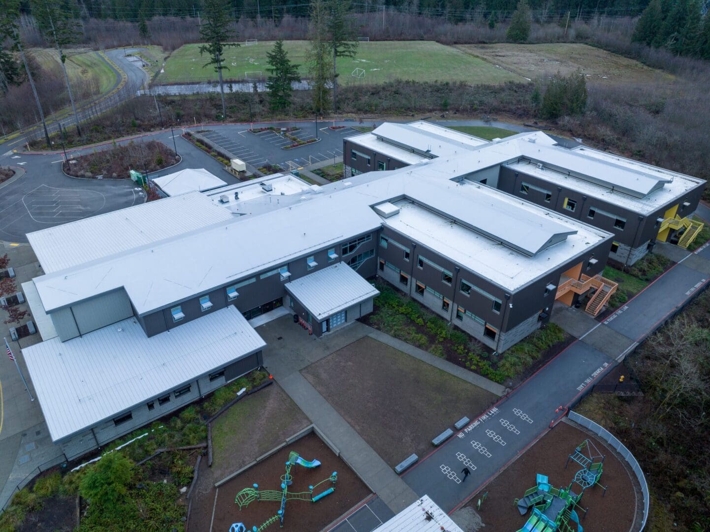 An aerial view of a school building.