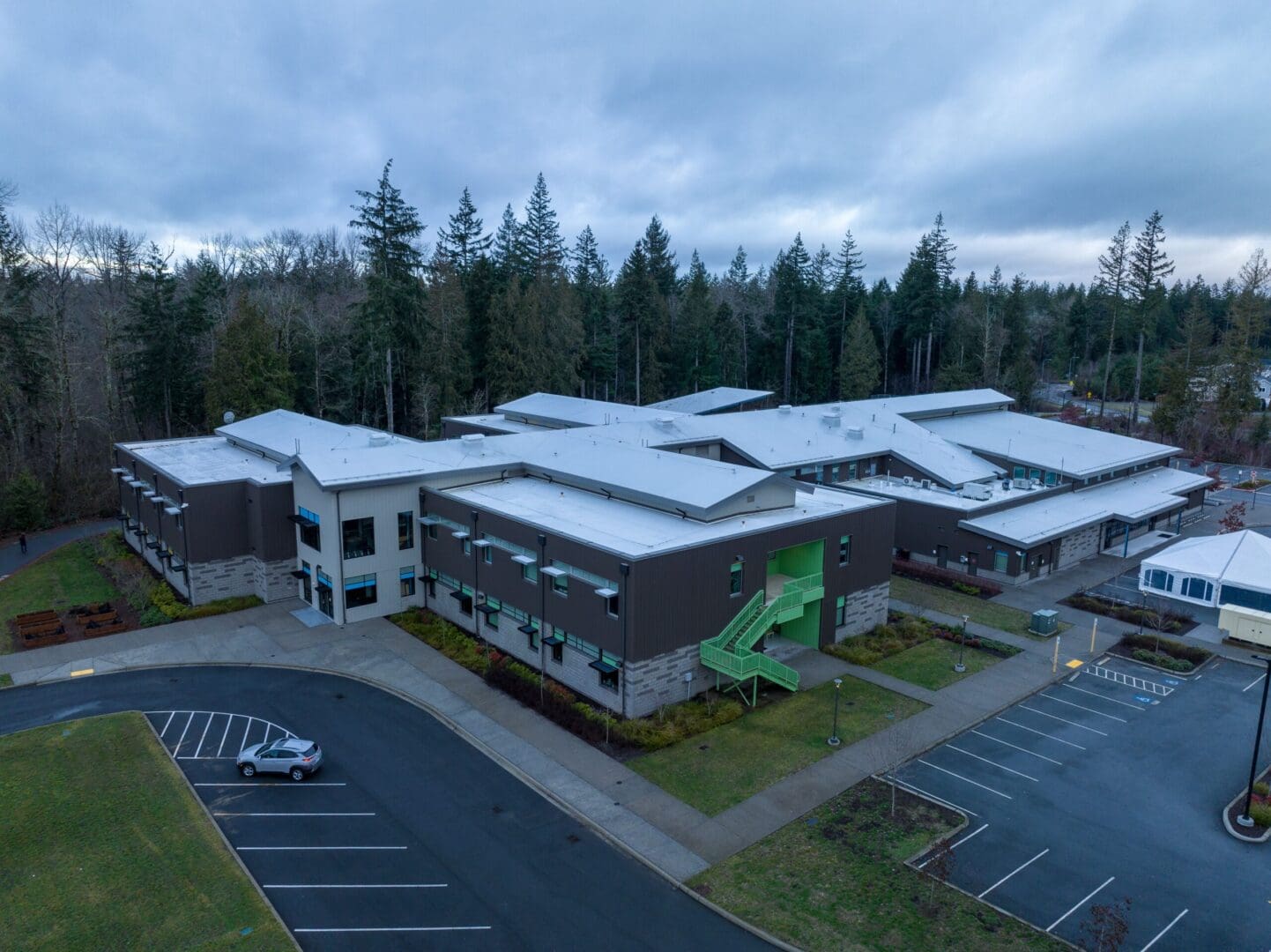 An aerial view of a school building.